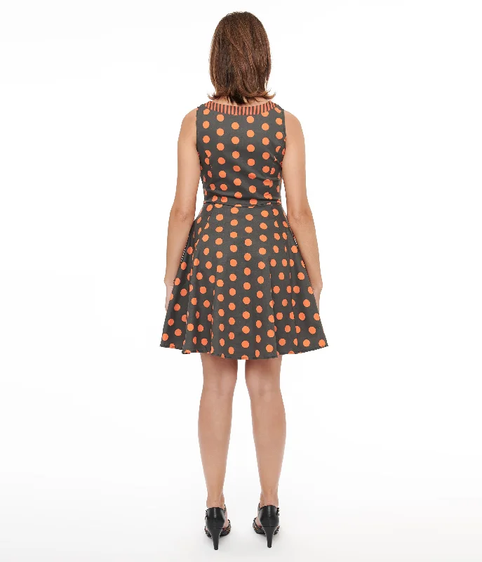 1950s Black & Orange Polka Dot Fit & Flare Dress