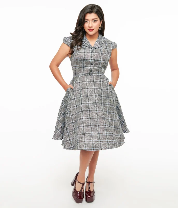 1950s Grey & Blue Plaid Swing Dress