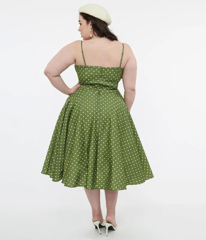 1950s Olive Green & White Polka Dot Peggy Cotton Swing Dress