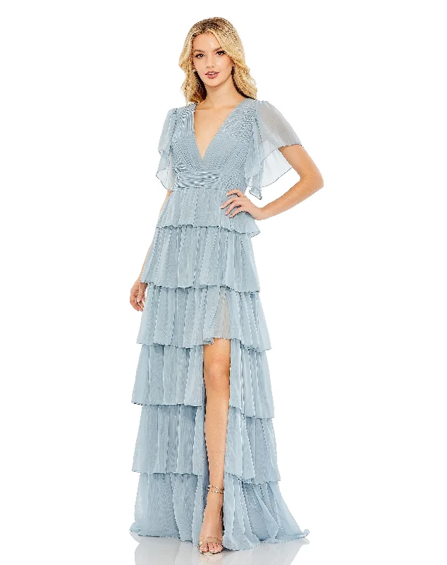 Flutter Sleeve Ruffle Tiered Gown