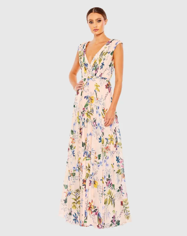 Pleated Floral Cap Sleeve A Line Gown