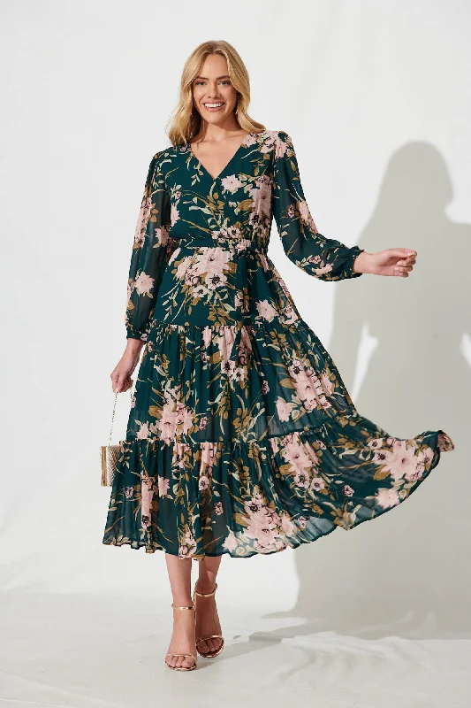 Alexis Maxi Dress In Emerald With Pink Floral Chiffon