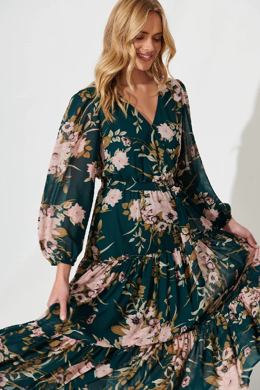 Alexis Maxi Dress In Emerald With Pink Floral Chiffon