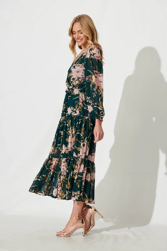 Alexis Maxi Dress In Emerald With Pink Floral Chiffon