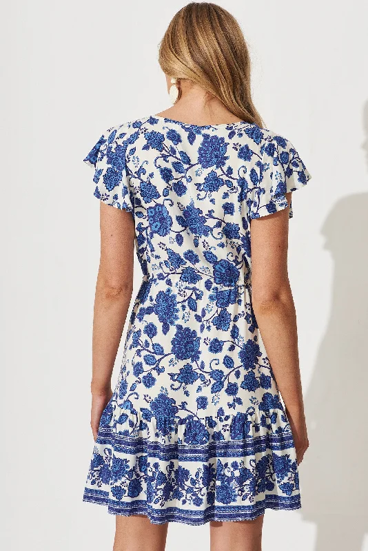 Alive Dress In Cream With Blue Floral Border Print