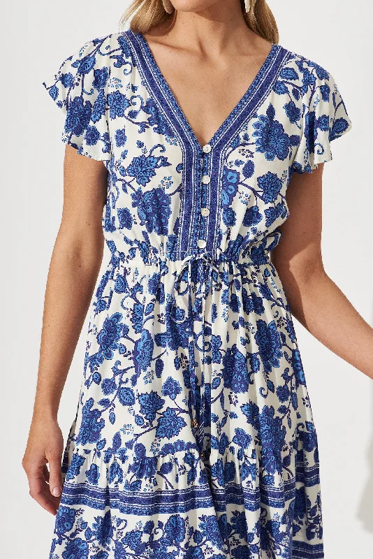 Alive Dress In Cream With Blue Floral Border Print