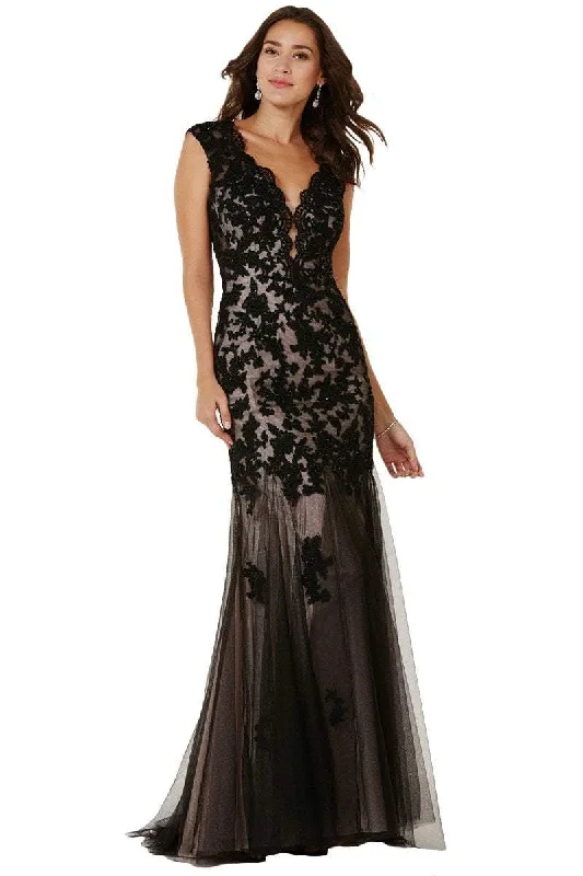 Alyce Paris Lace V-Neck Trumpet Dress in Black-Blush 6753