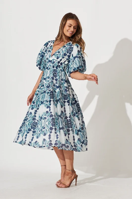 Amalie Midi Dress In Blue Leaf Print