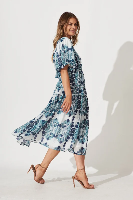 Amalie Midi Dress In Blue Leaf Print