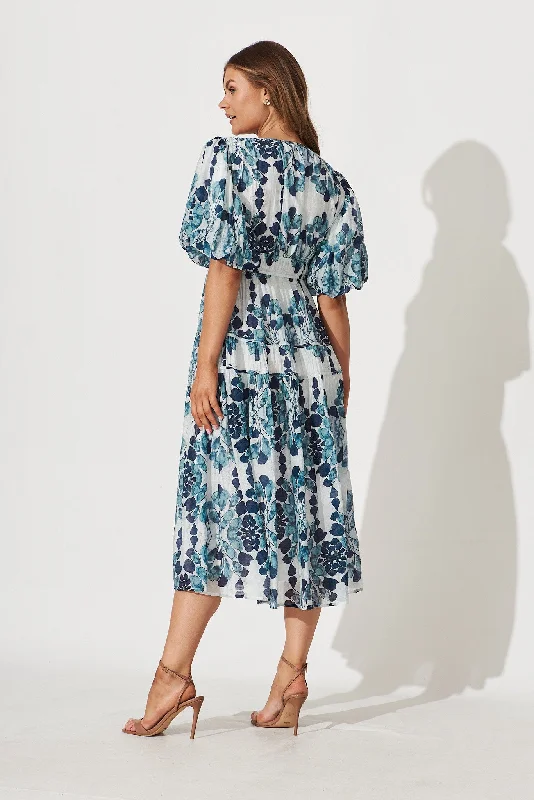 Amalie Midi Dress In Blue Leaf Print