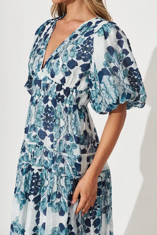 Amalie Midi Dress In Blue Leaf Print