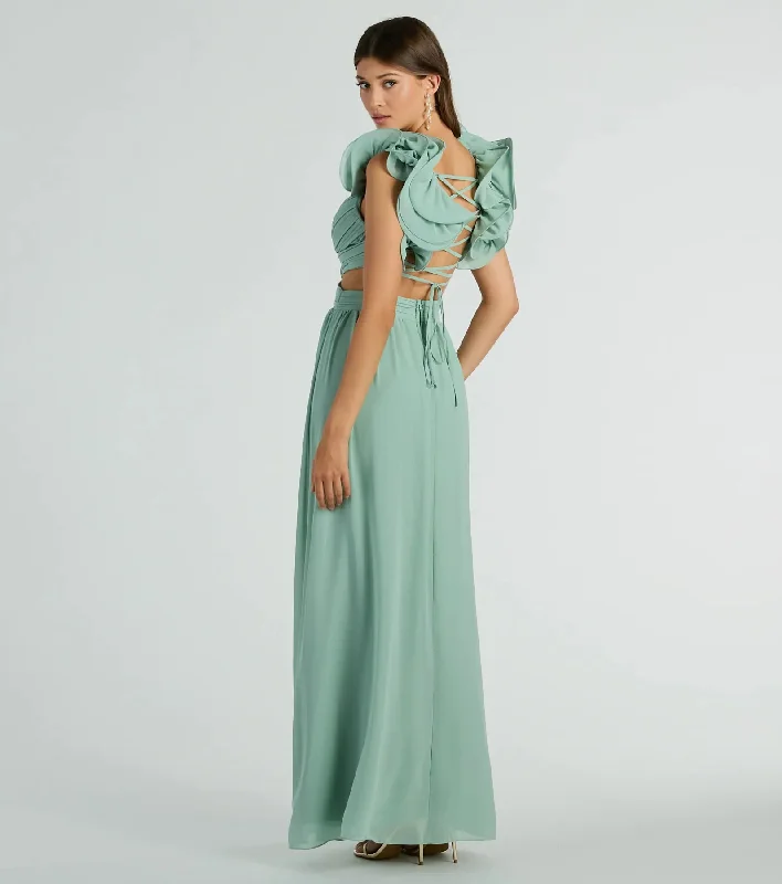 Anne Marie Lace-Up Ruffle A-Line Chiffon Formal Dress