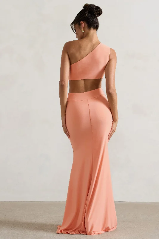 Aspyn | Coral Asymmetric Twisted Cut-Out Fishtail Maxi Dress