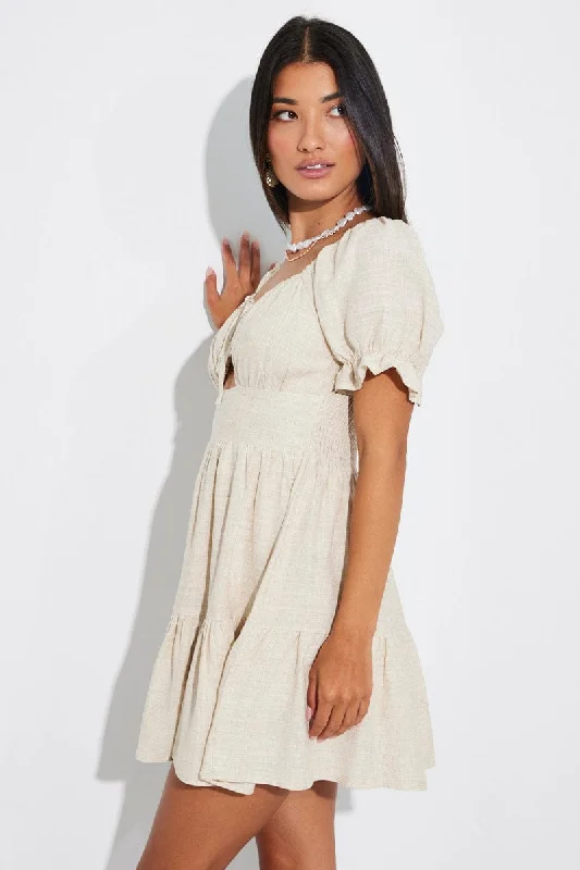 Beige Fit and Flare Dress Short Sleeve Linen Blend