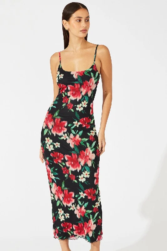 Black Floral Maxi Dress Sleeveless Bodycon Mesh