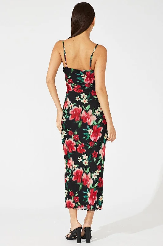 Black Floral Maxi Dress Sleeveless Bodycon Mesh