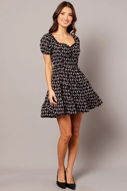 Black Geo Fit And Flare Dress Puff Sleeve