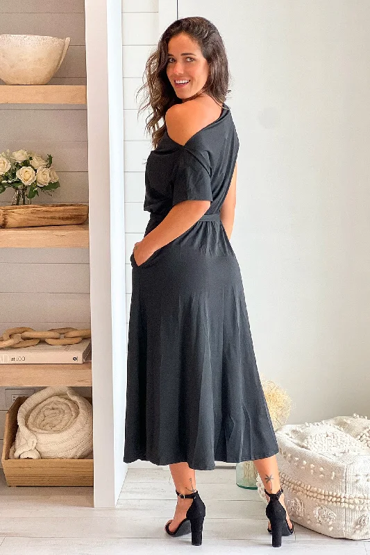 Black One Shoulder Midi Dress With Tie Waist