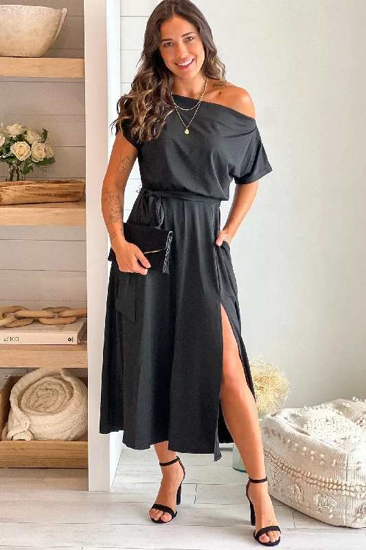 Black One Shoulder Midi Dress With Tie Waist