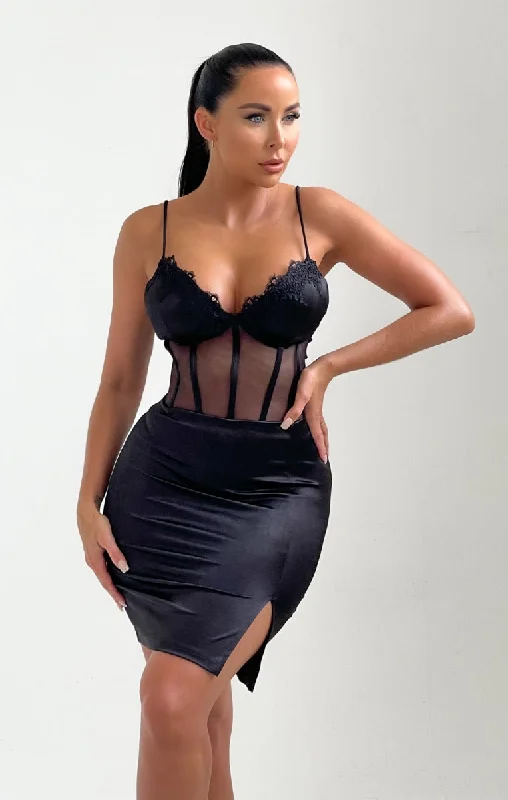 Black Strappy Corset Split Mini Dress - Bria