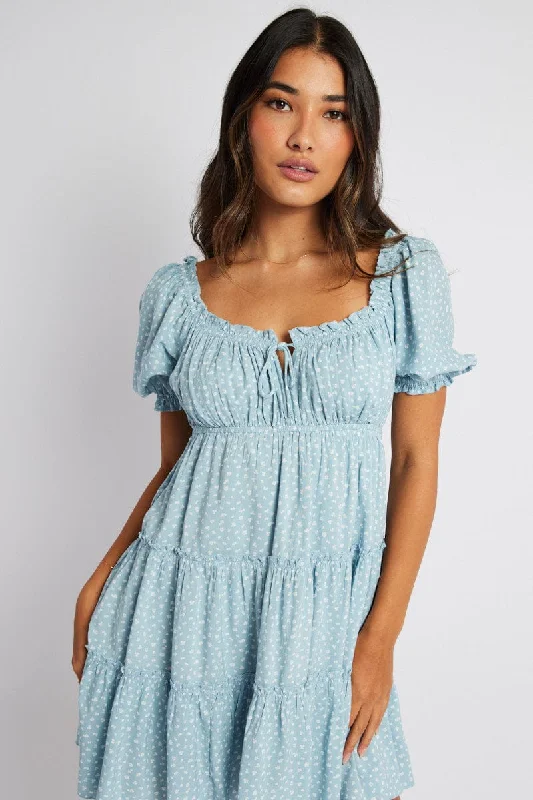 Blue Ditsy Fit And Flare Dress Puff Sleeve Mini