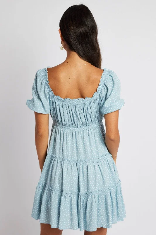 Blue Ditsy Fit And Flare Dress Puff Sleeve Mini