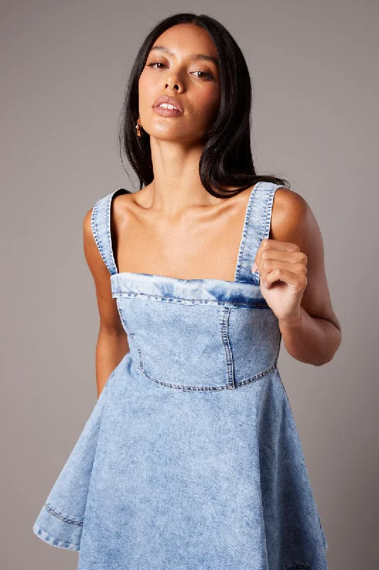 Blue Fit And Flare Dress Mini