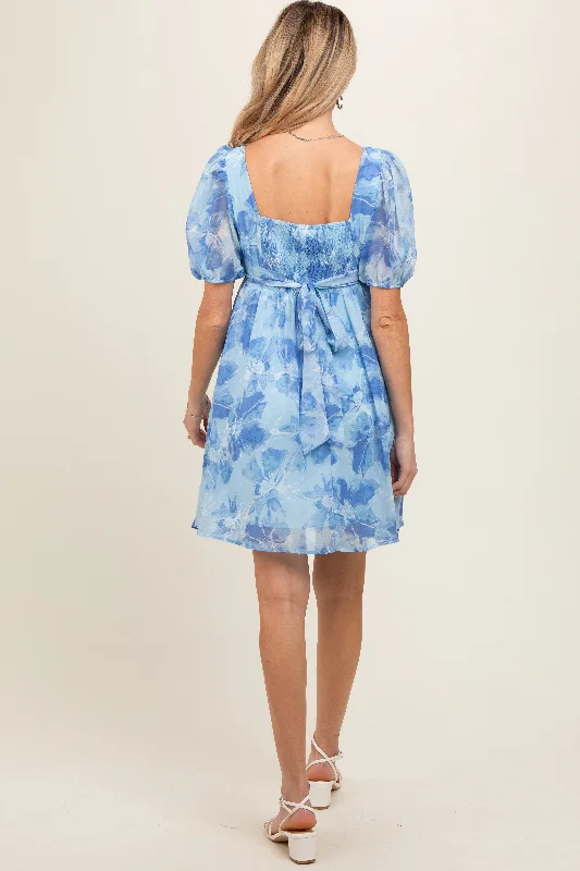 Blue Floral Puff Sleeve Maternity Mini Dress