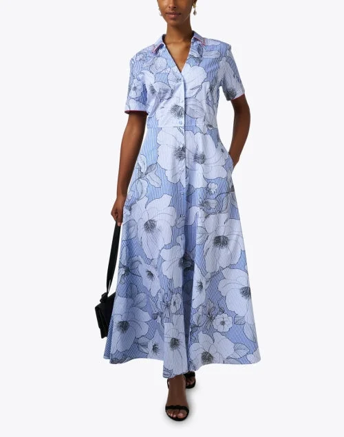 Blue Floral Striped Cotton Shirt Dress