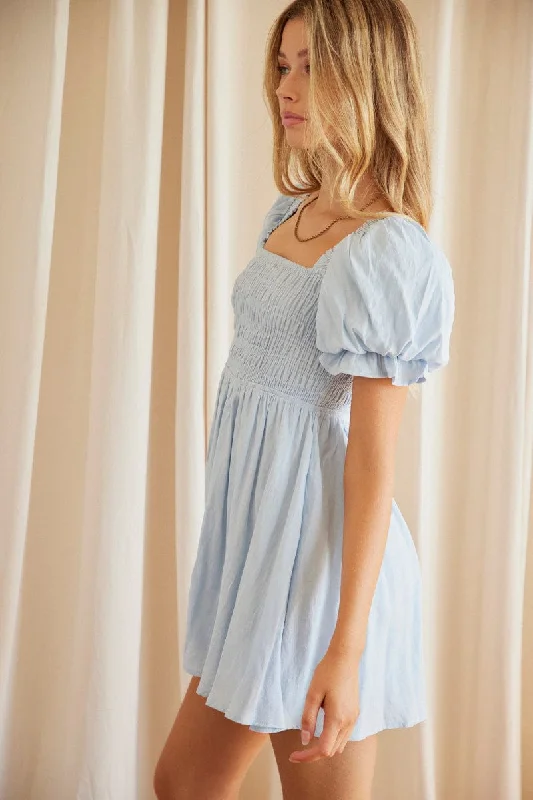 Blue Skater Dress Square Neck Short Sleeve