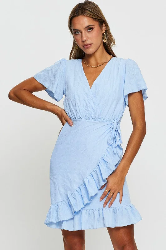 Blue Wrap Dress Short Sleeve V Neck