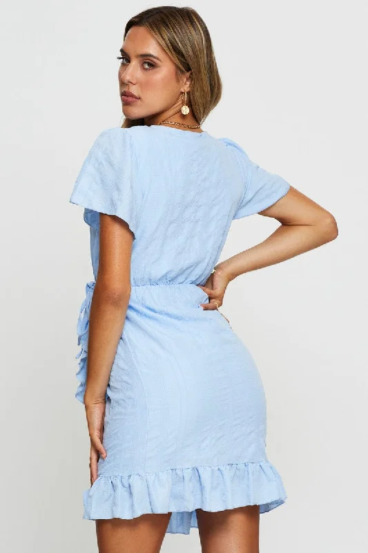 Blue Wrap Dress Short Sleeve V Neck