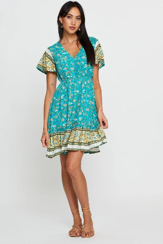 Boho Print Mini Dress Short Sleeve