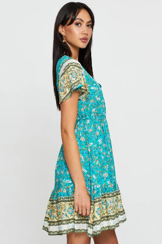 Boho Print Mini Dress Short Sleeve