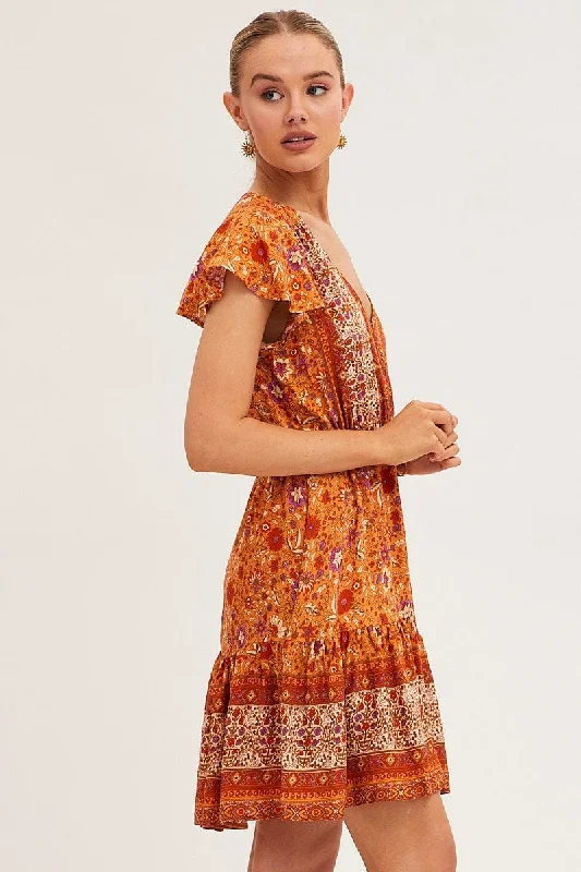 Boho Print Smock Dress Short Sleeve Mini V Neck