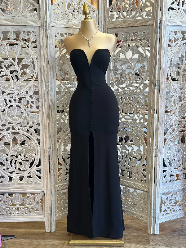 Button Detail Black Strapless Formal Dress- Stretchy