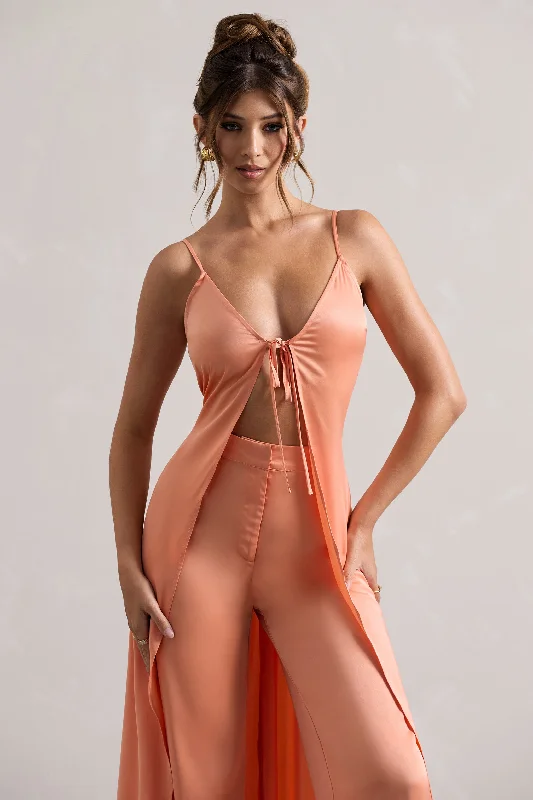 Calvi | Peach Satin Longline Cami Top With Split Front