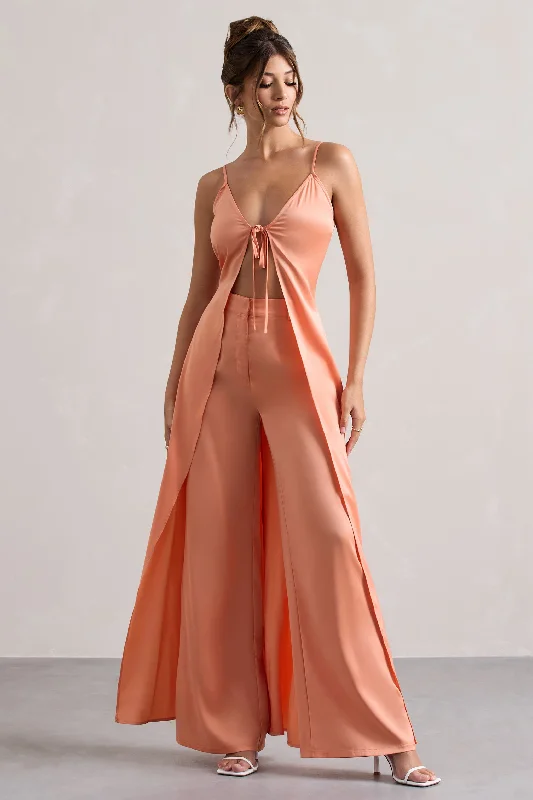 Calvi | Peach Satin Longline Cami Top With Split Front