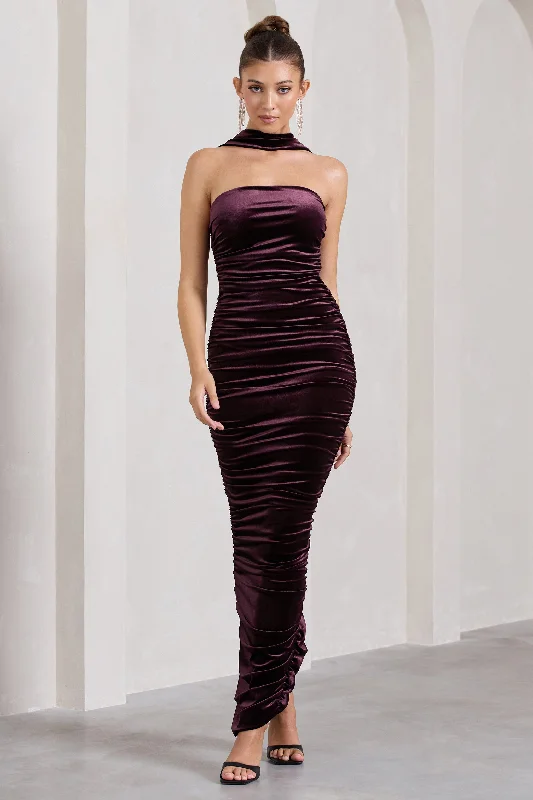 Cayenne | Dark Purple Velvet Halter-Neck Bandeau Maxi Dress