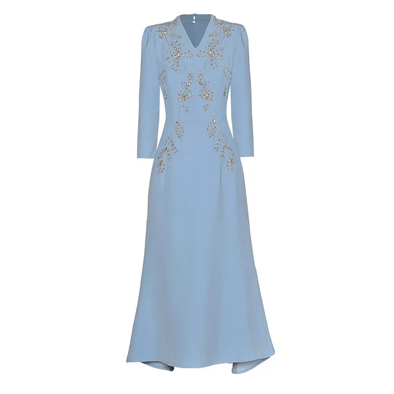 Clara V-Neck Long Sleeve Crystal Beading Office Lady Dress