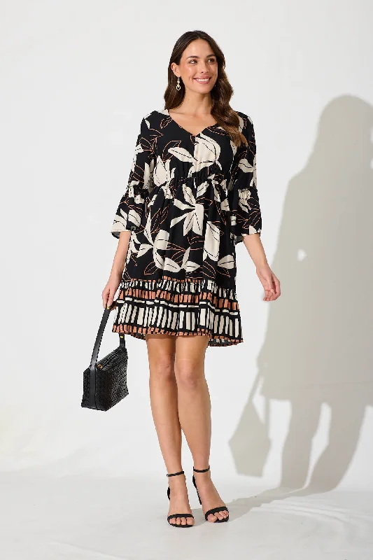 Clarice Dress In Black With Cream Floral Print