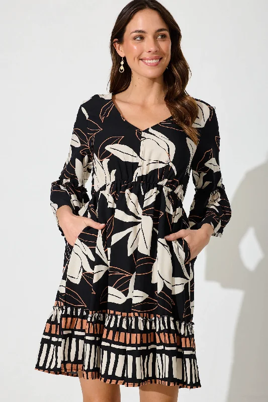 Clarice Dress In Black With Cream Floral Print