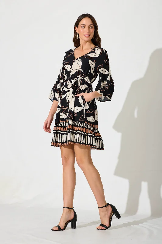 Clarice Dress In Black With Cream Floral Print