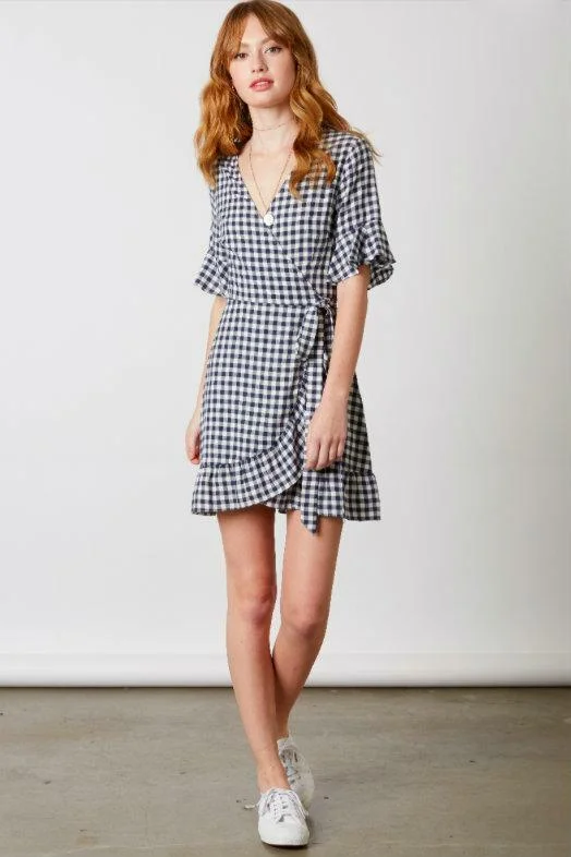 Courtney Navy and White Gingham Wrap Dress