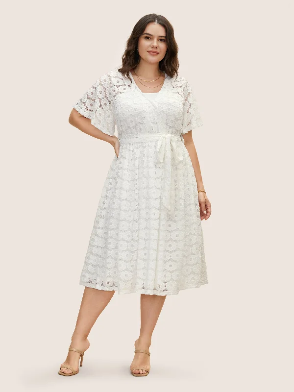 Crochet Lace Mesh Belted Midi Dress