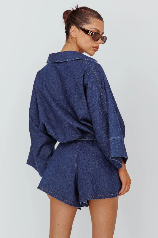 Daytona Beach Long Sleeve Shirt Romper Indigo