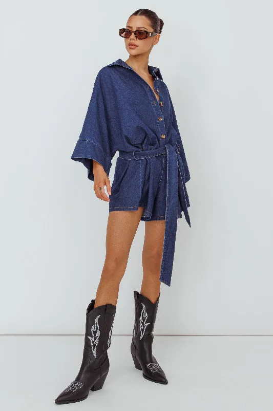 Daytona Beach Long Sleeve Shirt Romper Indigo