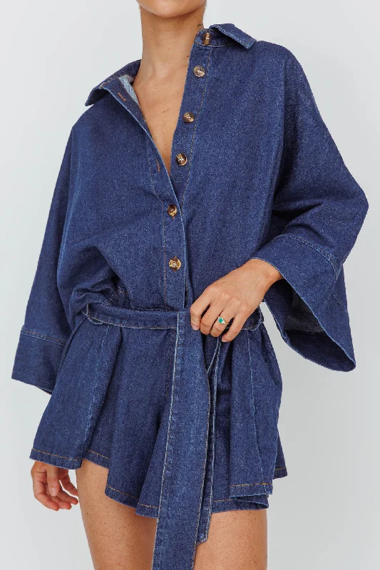 Daytona Beach Long Sleeve Shirt Romper Indigo