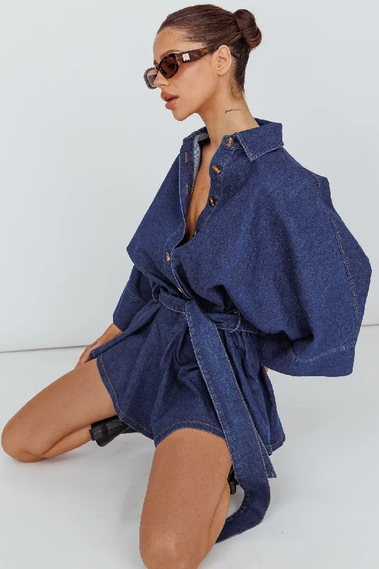 Daytona Beach Long Sleeve Shirt Romper Indigo