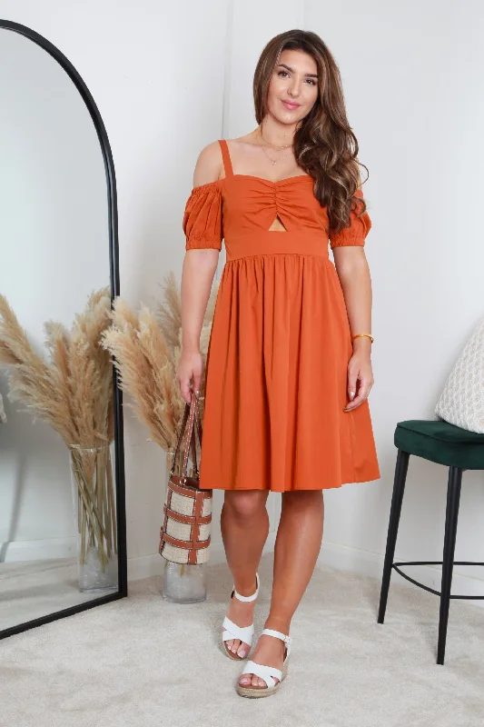 Double Second Orange Bardot Ruched Dress